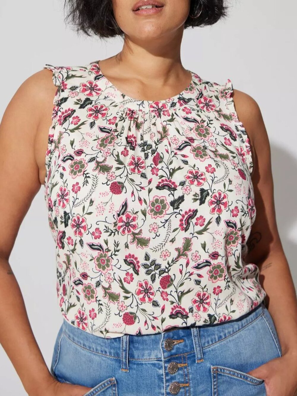 TORRID 1 Plus Size Rayon Slub Ruffle Mock Neck Tank Cream Ivory Pink Green Boho